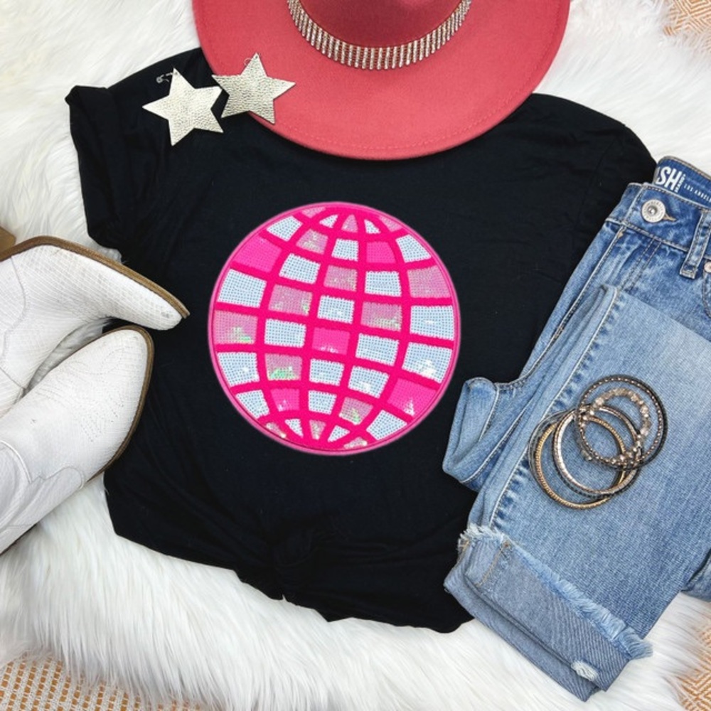 Pink Sequin Disco Ball Chenille Patch Crewneck Sweatshirt Sz L